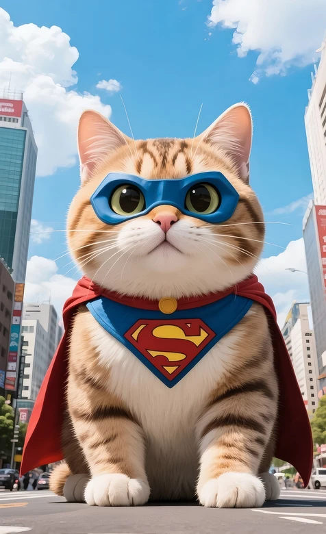 超人装扮猫咪·写实风 城市街道萌系英雄壁纸