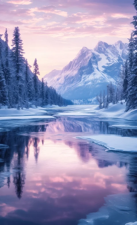 雪山湖泊雪林·唯美梦幻·冬季雪景意境手机壁纸