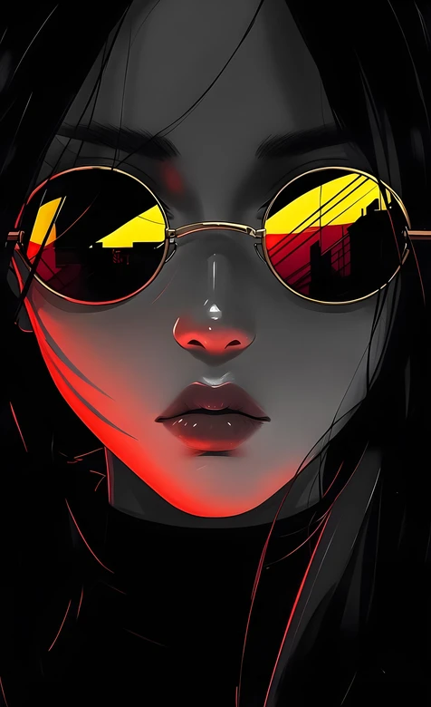 暗黑插画风戴圆形墨镜人物·红黄渐变光效 赛博风手机壁纸