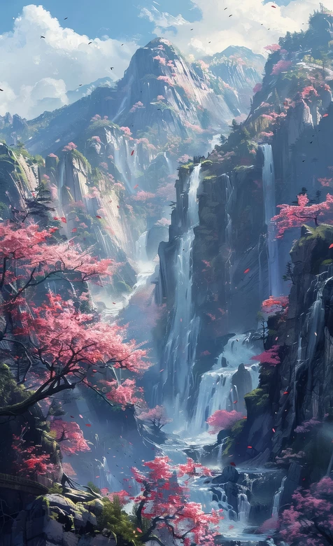 仙侠山水樱花瀑布·唯美国风手机壁纸（诗意山水壁纸）