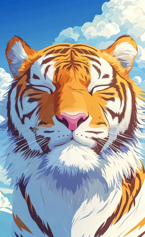 闭眼老虎·治愈系清新风 蓝天背景手机壁纸