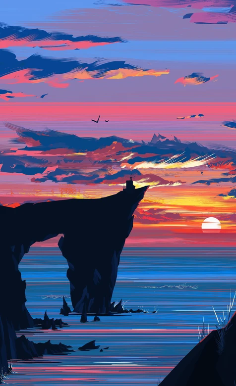 海岸悬崖日落剪影·唯美插画风 超火海岸日落壁纸