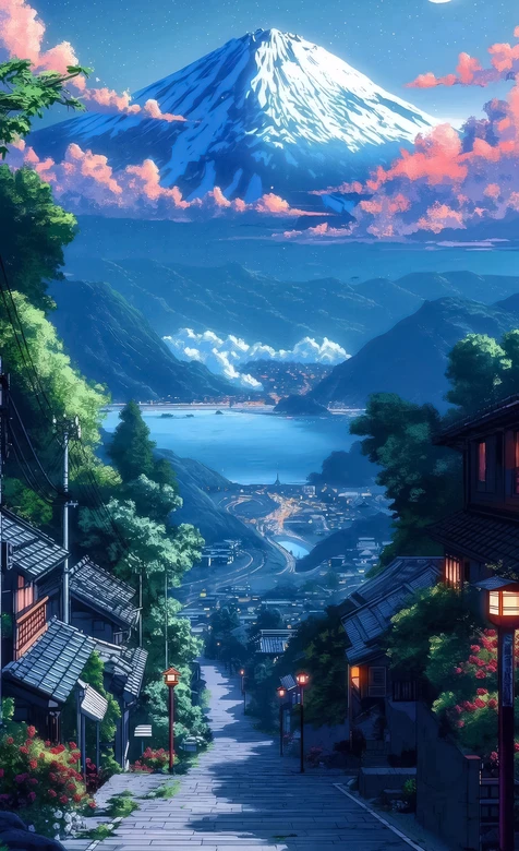 二次元唯美富士山日式小镇月夜 日系静谧风景壁纸