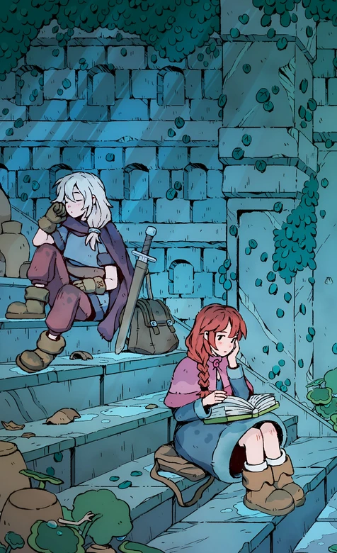 国漫治愈风 白发休憩+红发读书 石梯秘境冒险壁纸