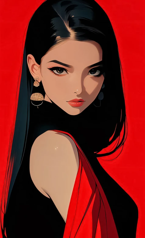 黑长直气质女性·现代艺术风 红黑撞色高级感手机壁纸