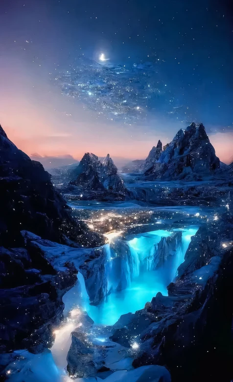 冰川蓝瀑星夜山脉·梦幻唯美超火手机壁纸