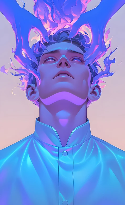 神秘人物·霓虹火焰双掌抚头 赛博渐变风热门手机壁纸