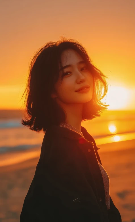 海边日落短发少女·唯美暖调治愈系手机壁纸推荐