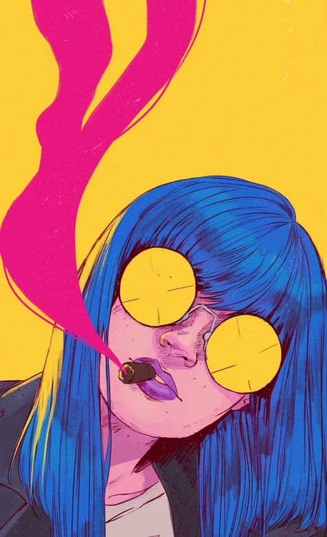 蓝发酷感少女·黄镜雪茄烟雾 潮流插画风个性手机壁纸