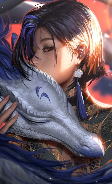 国风写实·短发红瞳人物拥白龙 古风玄幻壁纸推荐