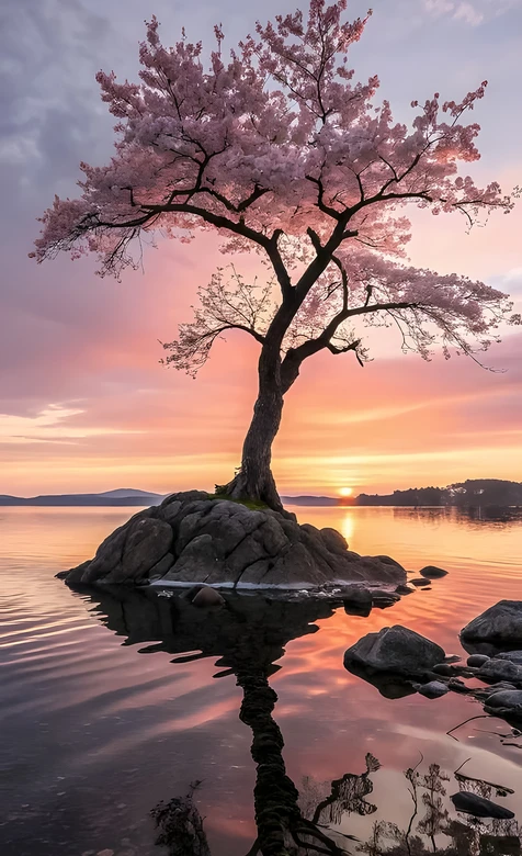 孤岩樱花树·日落湖景唯美风 治愈系手机壁纸