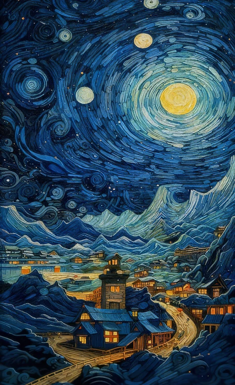 梵高风格星空山村 艺术笔触手机壁纸