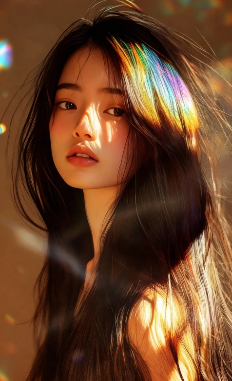 长发少女·彩虹光影写实风 氛围感手机壁纸