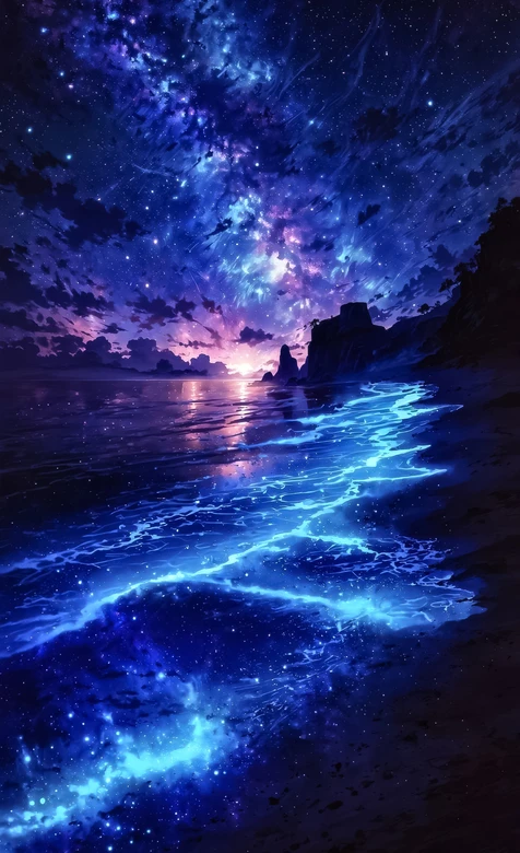 海岸星空荧光浪·梦幻星云 唯美治愈超美夜景手机壁纸