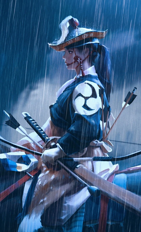 日式古风女武士·雨夜三巴纹 游戏手机壁纸