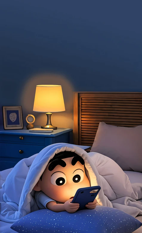 野原新之助·被窝玩手机 温馨治愈卡通风 深夜卧室壁纸