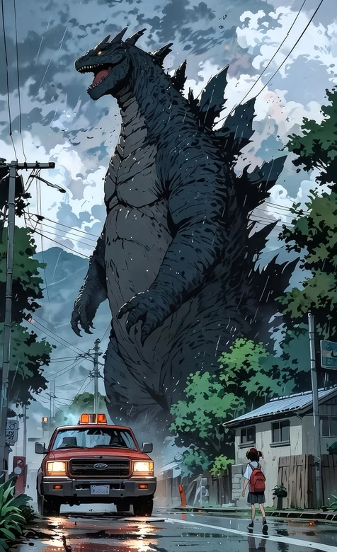 哥斯拉·雨天街道降临 日系动漫风 影视怪兽壁纸（热门怪兽主题壁纸）