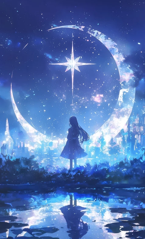 星空少女·二次元唯美星月之城 梦幻壁纸