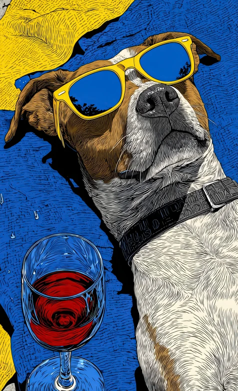 躺卧度假狗狗·美式漫画风·墨镜红酒杯手机壁纸热款