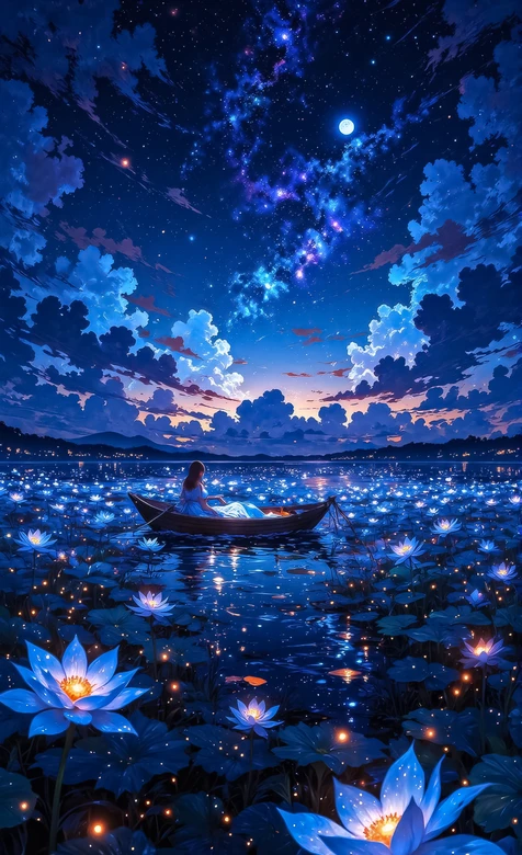 二次元唯美女孩莲池扁舟星空月夜壁纸