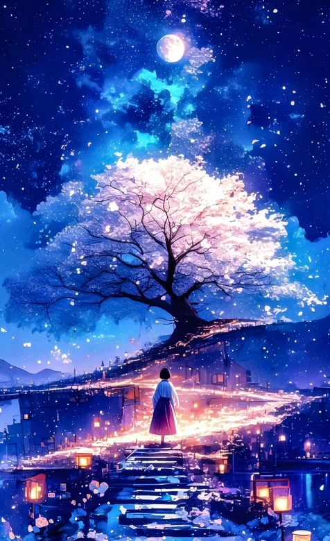 月夜樱花树·女孩背影 唯美梦幻二次元手机壁纸（治愈系）