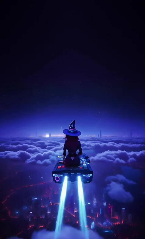 赛博女巫·飞行器巡航云海都市 赛博朋克动态壁纸