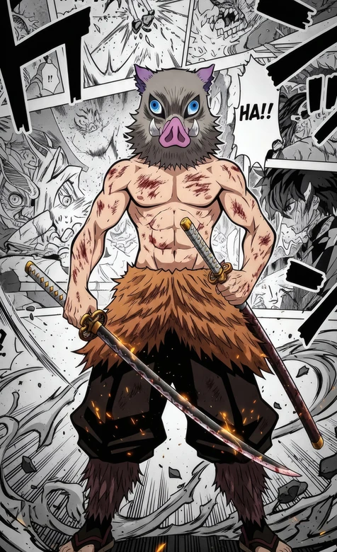 嘴平伊之助·双剑战损 鬼灭之刃热血日漫壁纸