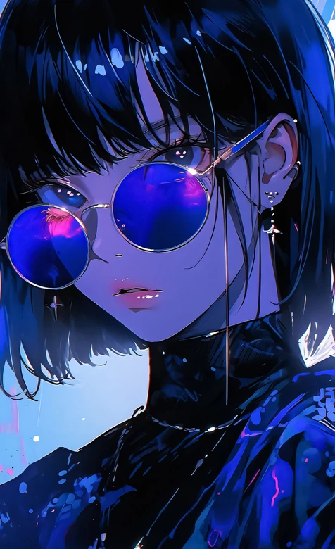 暗黑赛博风二次元少女·紫蓝墨镜 超酷赛博朋克手机壁纸