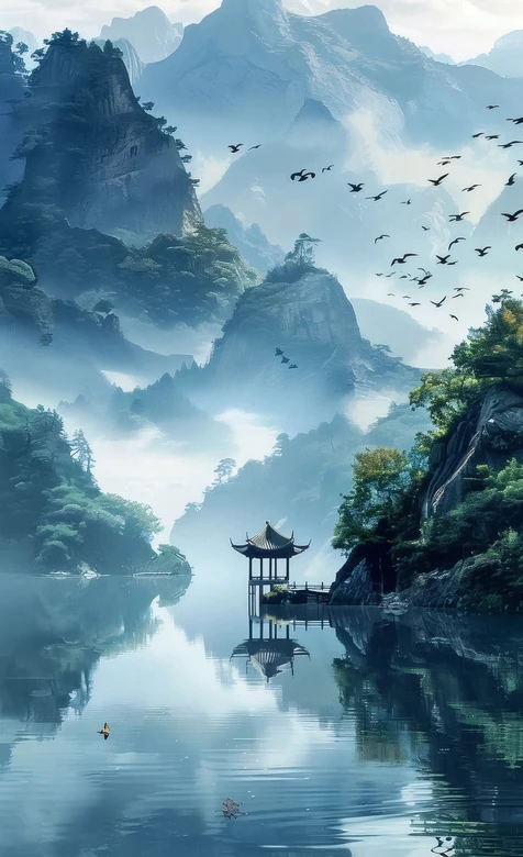 山水湖亭·国风水墨意境古风壁纸（高热度：古风山水湖亭壁纸）