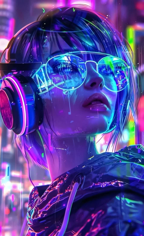 赛博朋克风少女·霓虹耳机眼镜 赛博朋克手机壁纸推荐