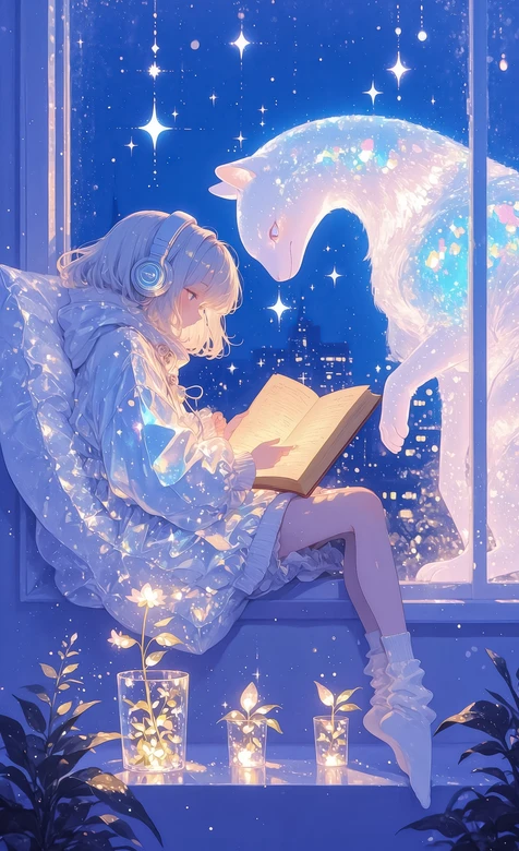 少女与星空幻兽·唯美二次元夜景 治愈手机壁纸