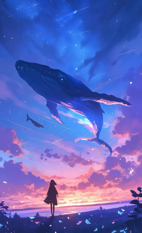 晚霞星空下女孩与巨鲸 唯美梦幻插画手机壁纸