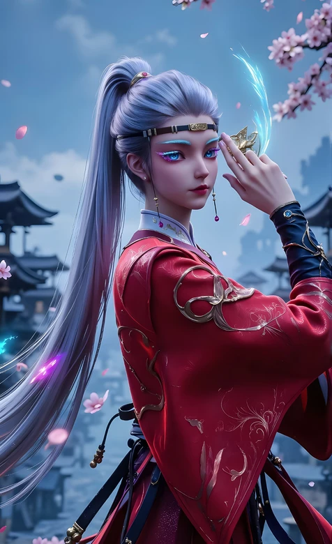 国风唯美银发红衣古风女子·知画·蓝焰蝶饰手机壁纸