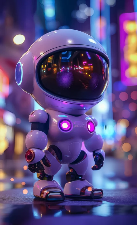 赛博朋克可爱机器人·霓虹都市夜景 科技风壁纸