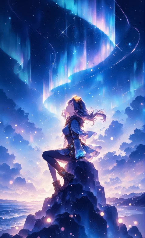 二次元少女·护目镜极光下眺望 唯美星空云海手机壁纸