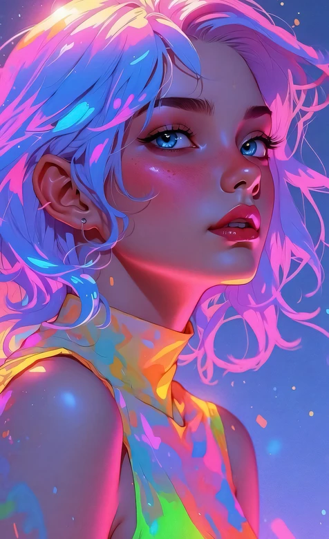 卷发少女·霓虹赛博风原创插画 炫彩渐变手机壁纸