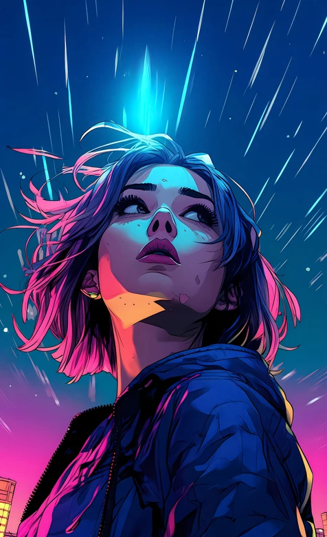 赛博朋克风短发少女 霓虹仰望 高人气手机壁纸