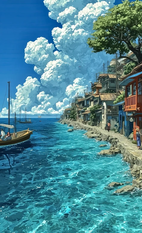 日系唯美滨海渔村古街 清新海景手机壁纸