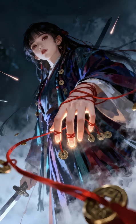 国风武侠女子·红绳铜钱执剑 暗黑江湖手机壁纸热门款