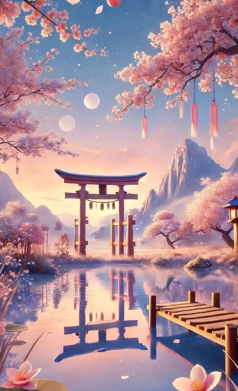 日式鸟居山水池塘·唯美和风 日系手机壁纸