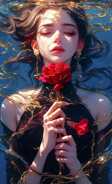 水下持红玫瑰女子·唯美梦幻风 金色流体艺术手机壁纸