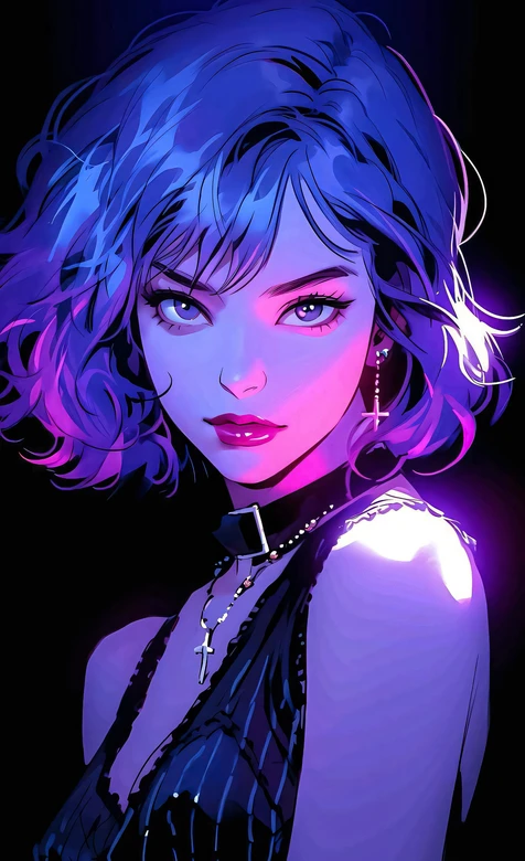 赛博朋克风二次元少女·霓虹卷发十字架耳饰 高热度手机壁纸