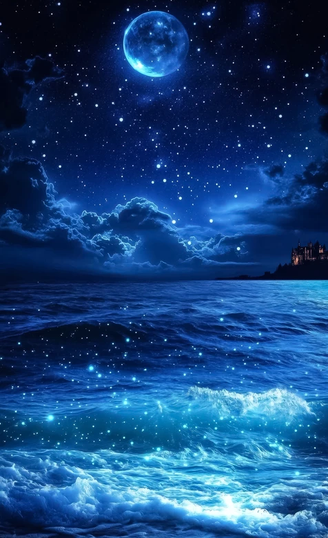 月夜蓝海城堡·唯美梦幻风 星空海浪手机壁纸