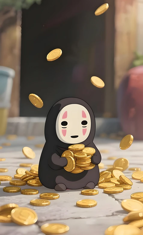 无脸男（千与千寻）Q版抱金币 治愈金币雨壁纸