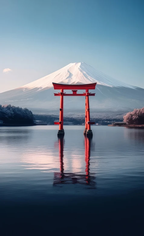 富士山与朱红鸟居·日系唯美 冬日雪景壁纸