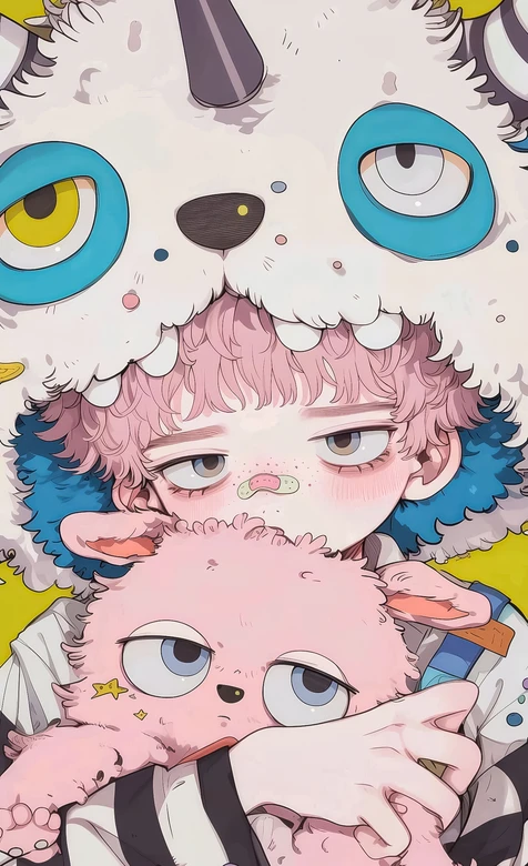 粉发少年·毛绒兽耳帽抱萌宠 二次元治愈系插画 手机壁纸