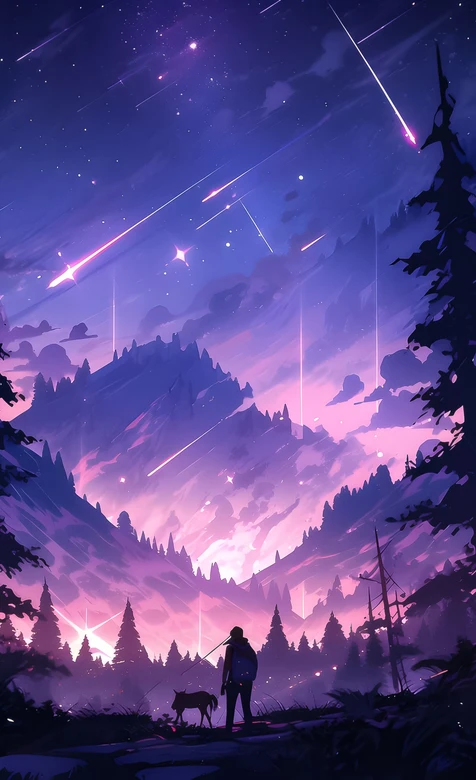 山林流星下人与狗 唯美二次元插画 梦幻手机壁纸