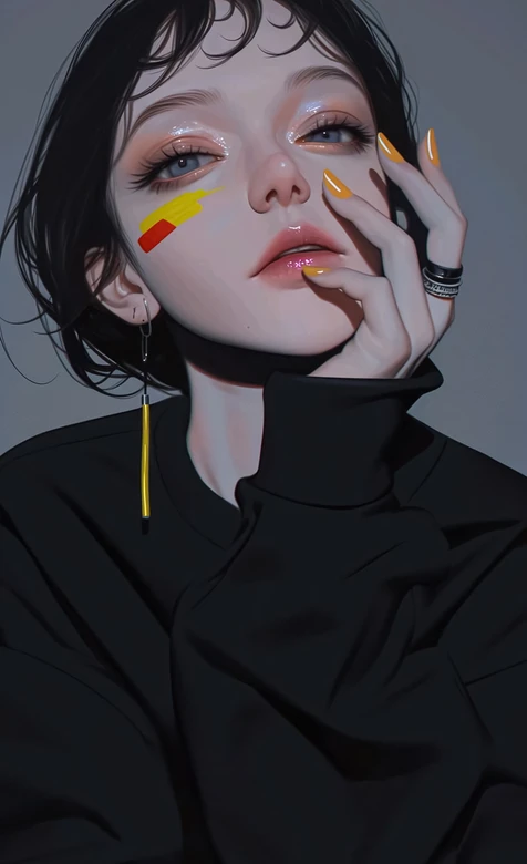 暗黑写实风手绘酷感女生·黄美甲耳饰高人气手机壁纸