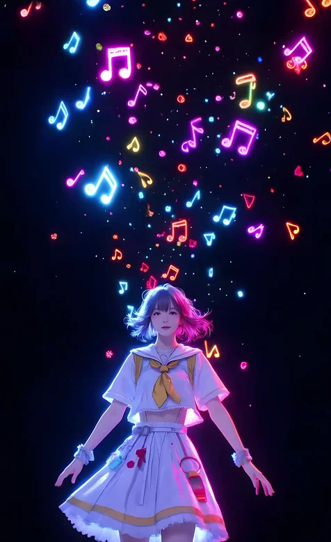 二次元少女·音符环绕 霓虹赛博风动态手机壁纸