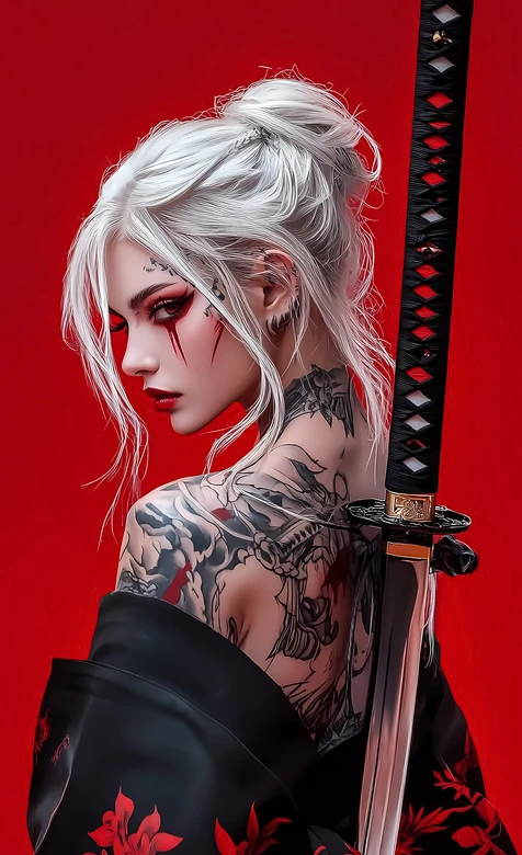 白发纹身女武士·暗黑日系风 武士刀花臂纹身手机壁纸